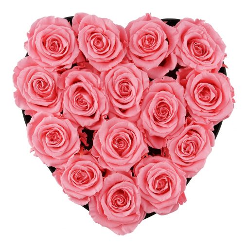 Herzförmige Rosenbox mit pinken Infinityrosen von oben