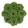 Runde Rosenbox aus hellgrauem Samt mit grünen Infinityrosen von oben
