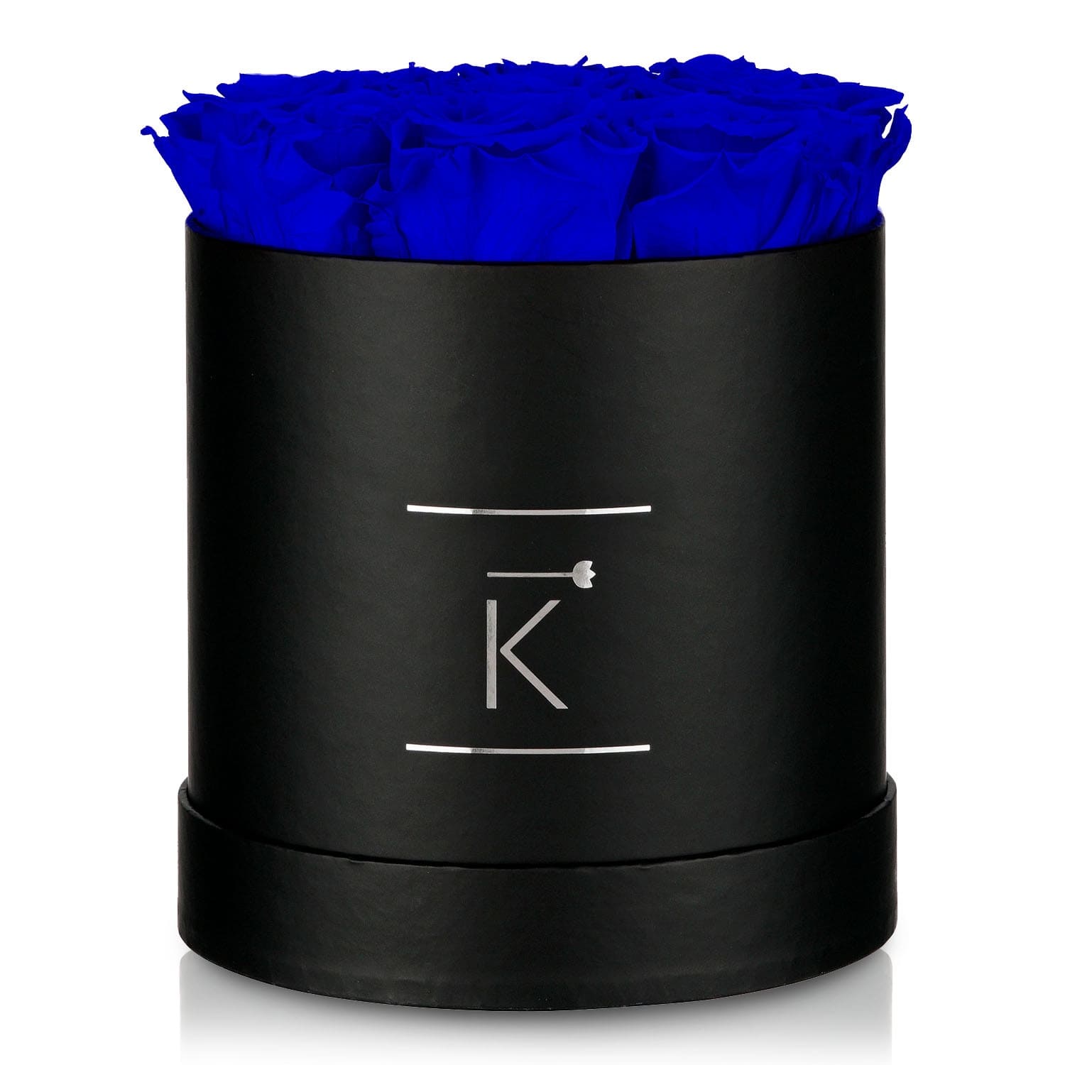 Kleine runde Rosenbox in schwarz mit blauen Infinityrosen