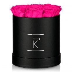 Kleine runde Rosenbox in schwarz mit lila pinken Infinityrosen