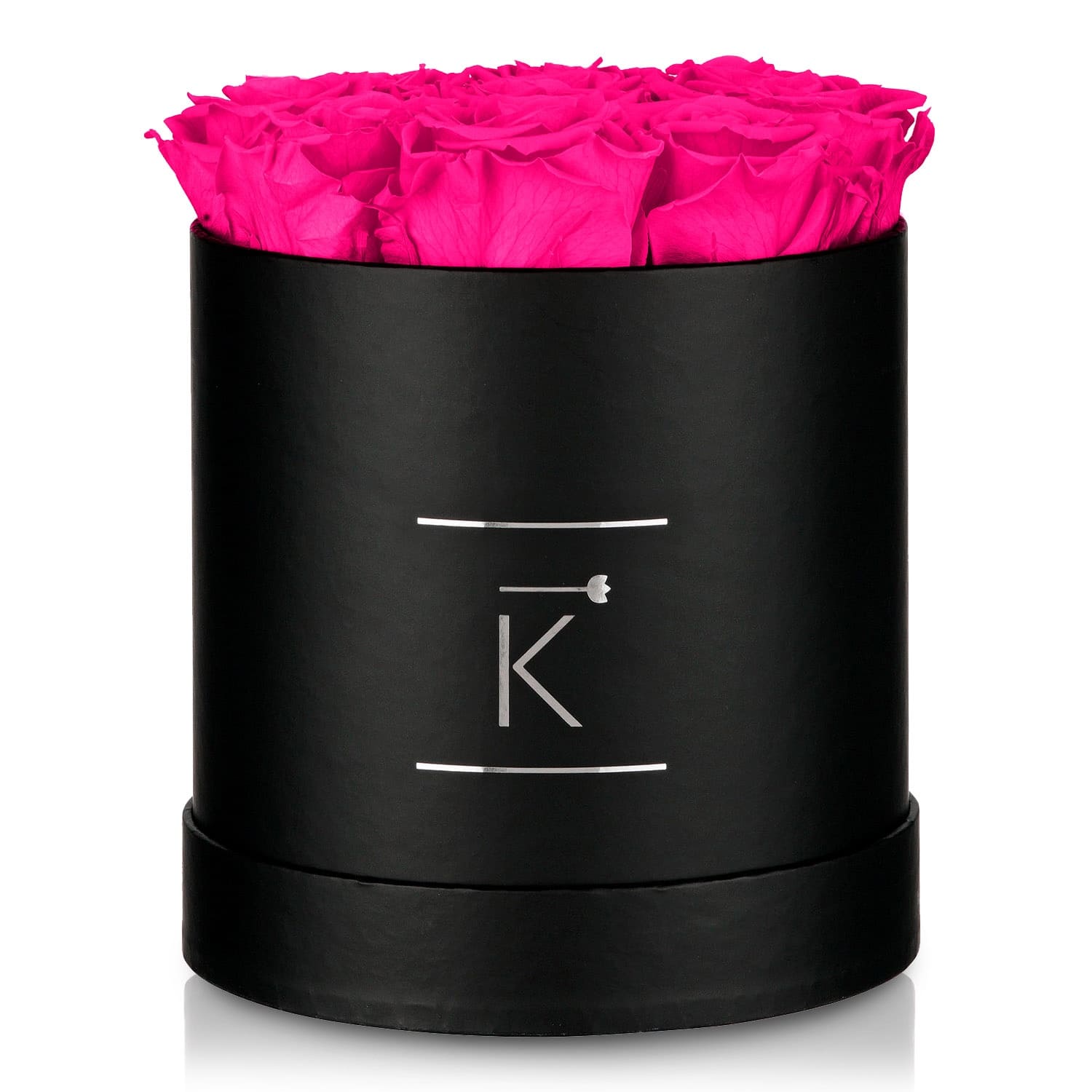 Kleine runde Rosenbox in schwarz mit lila pinken Infinityrosen