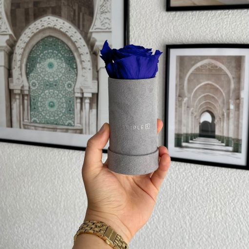 Rosenbox mit einer blauen Infinityrose wird von einer Frau in der Hand gehalten