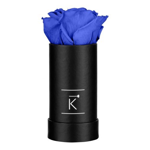 Kleine Rosenbox rund mit einer blauer Infinityrose, Ansicht von vorne