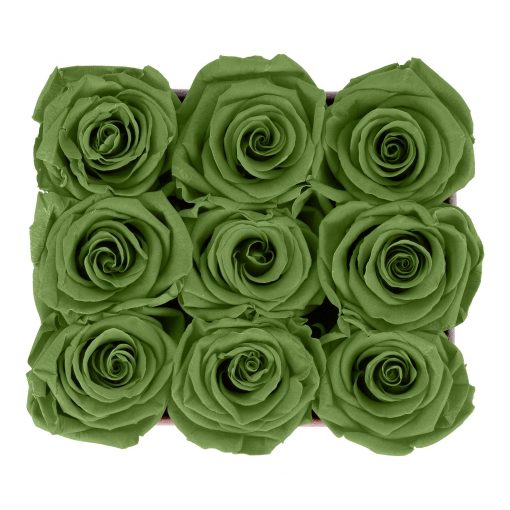 Eckige Rosenbox aus hellgrauem Samt mit grünen Infinityrosen von oben