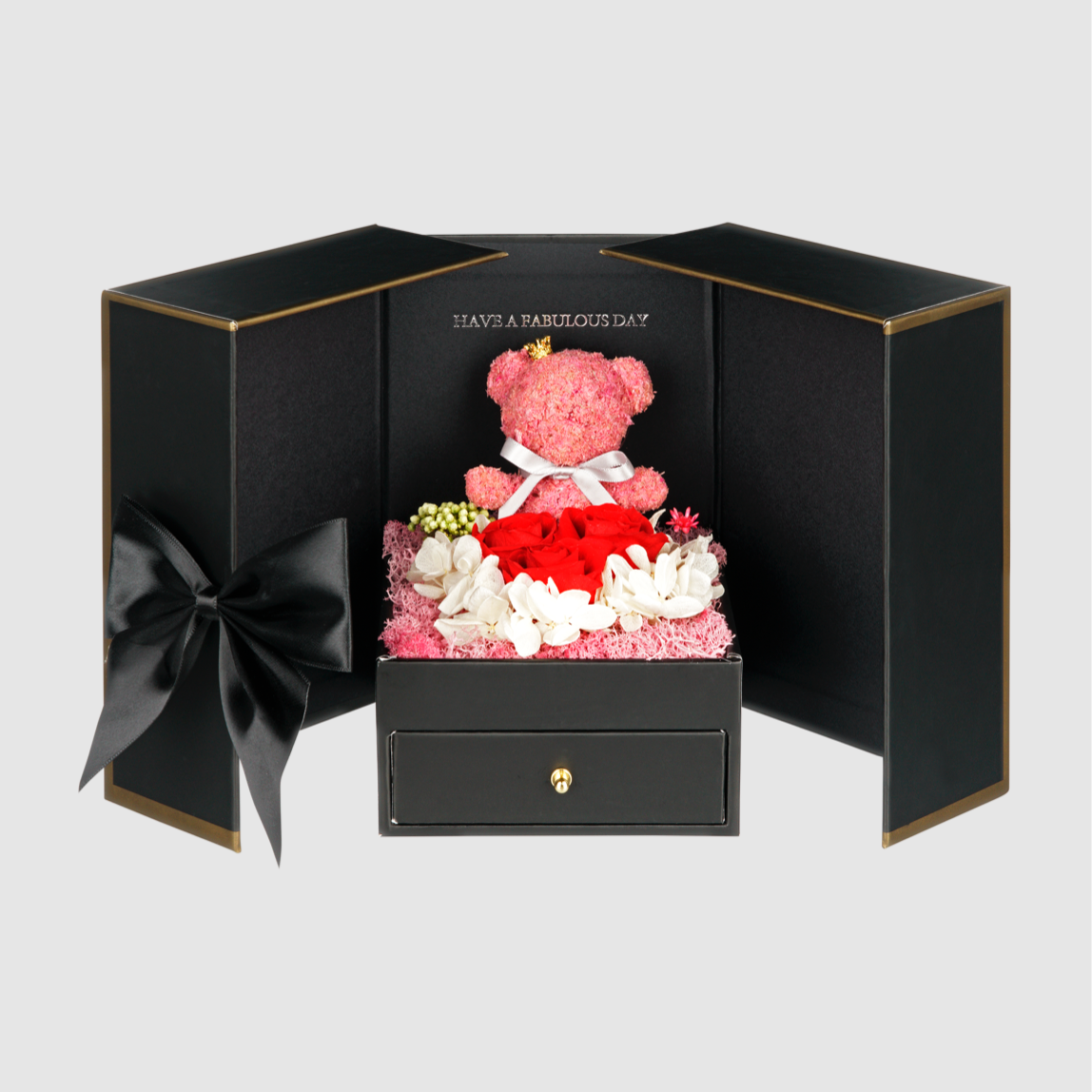 Schwarze Geschenkbox Teddy mit Infinityrosen in rot