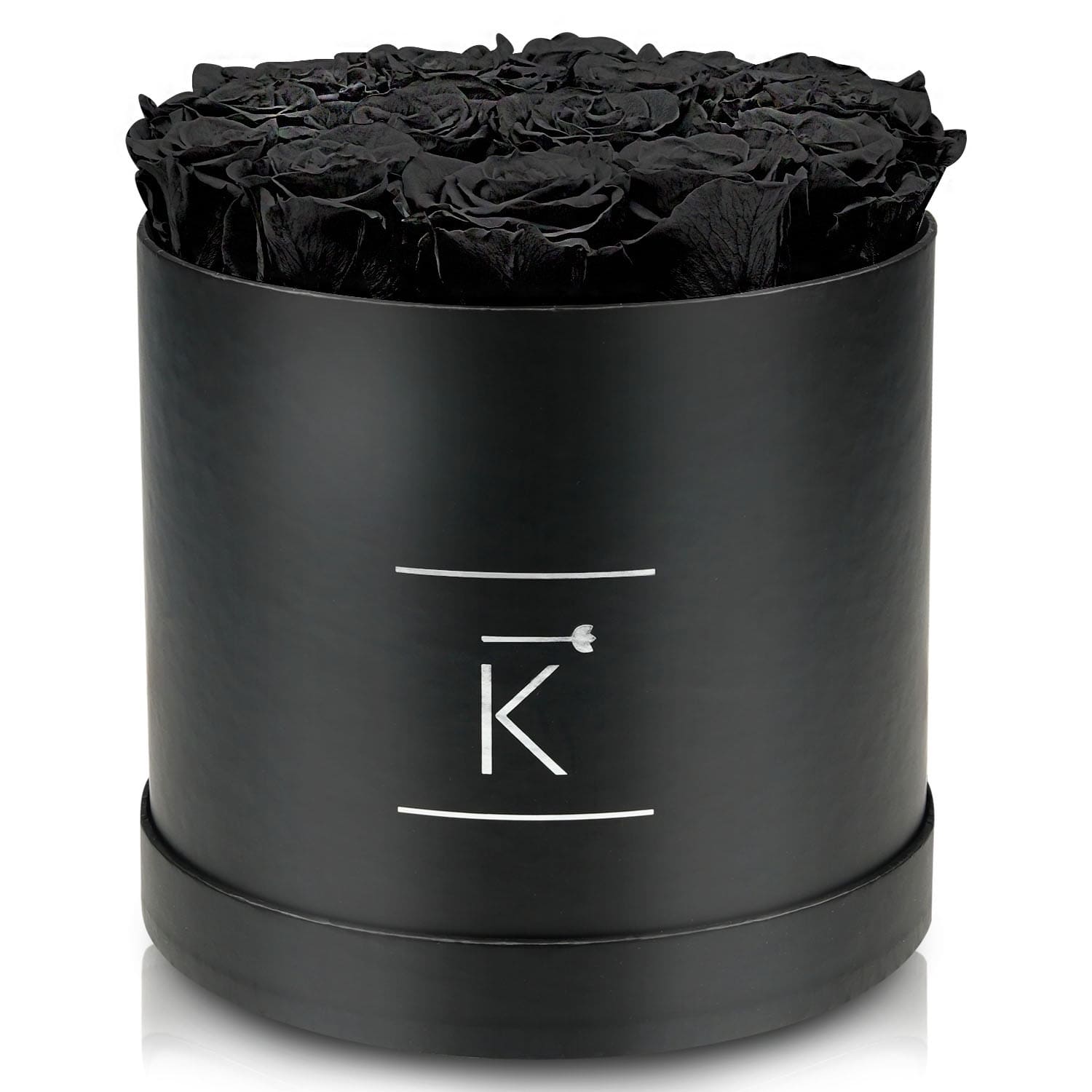 Große runde Rosenbox schwarz mit schwarzen Infinityrosen
