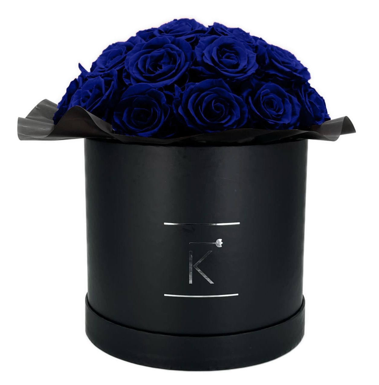 Gorgeous Rosenbox schwarz, blaue Rosen, Ansicht von vorne