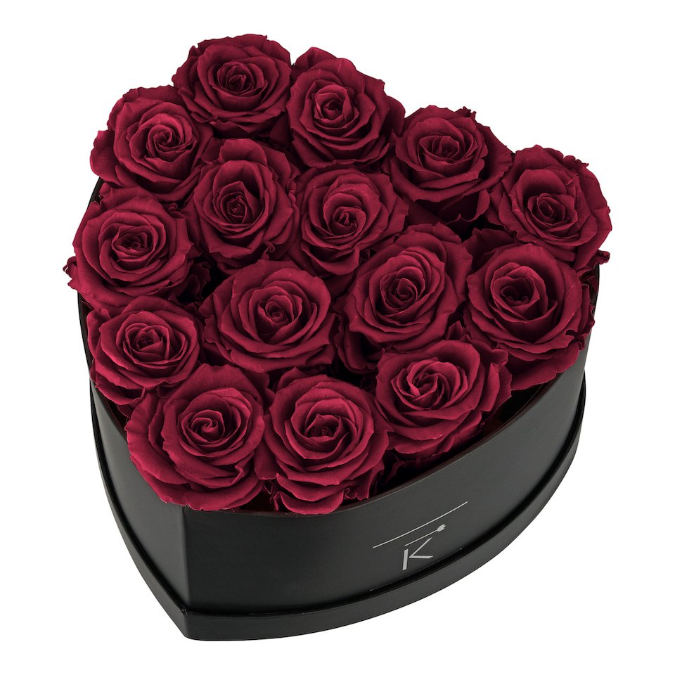 Rosenbox in Herzform mit dunkelroten Rosen